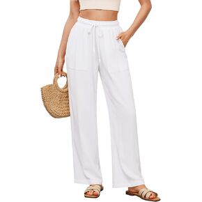 GRAPENT Linen Pants for Women Wide Leg High Waisted Baggy Drawstring Elastic Waist Palazzo Trousers Pants with Pockets