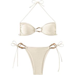 Milumia Women's 2 Piece Swimsuit Ring Linked Tie String Halter Thong Bikini Set Bathing Suits