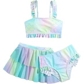 Verdusa Girl's 3 Piece Bikini Set Ruffle Summer Bathing Suit with Layered Skirt Cover Up