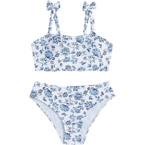Floerns Girl's 2 Piece Swimsuits Floral Print Bowknot Beach Bathing Suit