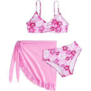 Girl's 3 Piece Floral Bikini Set Cute Swimsuits Bathing Suits with Ruffle Cover Up Skirt