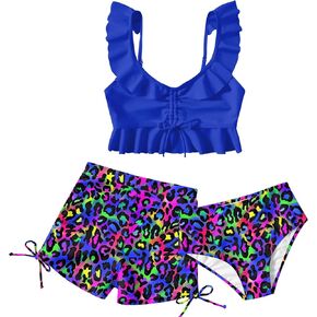 Girls Swimsuit Bikini Set with Shorts Bathing Suit Adjustable Strap Ruffle Drawstring 3 Piece Beach Swimwear Size 7-12