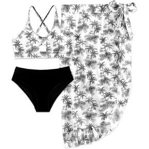 Girls Swimsuit Bathing Suits Bikini Set 3 Piece Girls' Swimwear Bathing Suit with Cover Up Skirt 7-16T