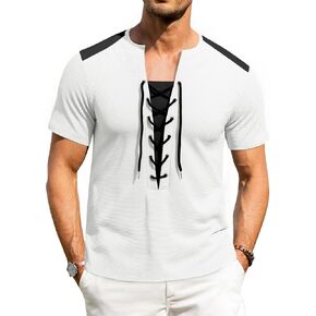 Men's Vintage V Neck Shirts for Renaissance Costume Short Sleeve Shirt with Stylish Lace Up Design
