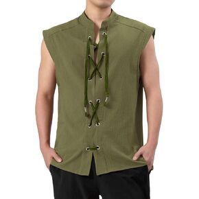 MO GOOD Mens Cosplay Tank Tops, Viking Sleeveless Shirts Pirate Medieval Vintage Gothic lace up Vest Cotton Costumes