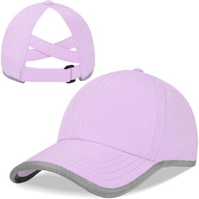 Women Criss Cross Ponytail Hat Mesh Quick Dry Baseball Cap High Messy Bun Ponycap with Reflective Brim