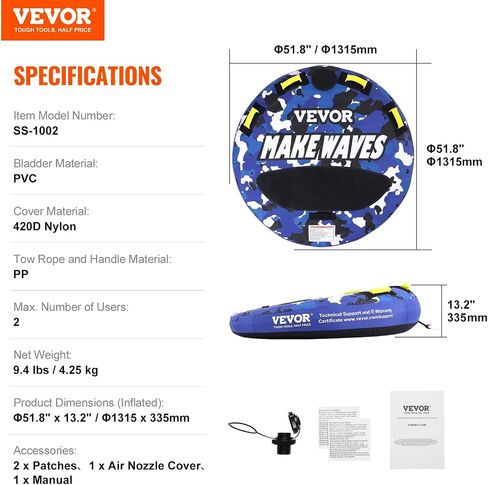VEVOR أنبوب قابل للقطر للقوارب، 1-3 راكبين أنبوب قابل للنفخ مع زعانف ممتصة للصدمات، 510 رطل أنابيب رياضية مائية قابلة للقطر للقوارب للسحب، غطاء نايلون كامل، مقابض EVA وصمام أمان للسرعة in Kuwait