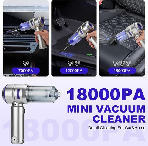 Handheld Car Vacuum Portable Cordless - 18000PA High Power with Brushless Motor, 4-in-1 Air Duster, Blower, Pump & Rechargeable Mini Vacuum for Car, Home, Office (Silver Grey+Blue) in Saudi Arabia
