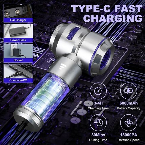 Handheld Car Vacuum Portable Cordless - 18000PA High Power with Brushless Motor, 4-in-1 Air Duster, Blower, Pump & Rechargeable Mini Vacuum for Car, Home, Office (Silver Grey+Blue) in Saudi Arabia
