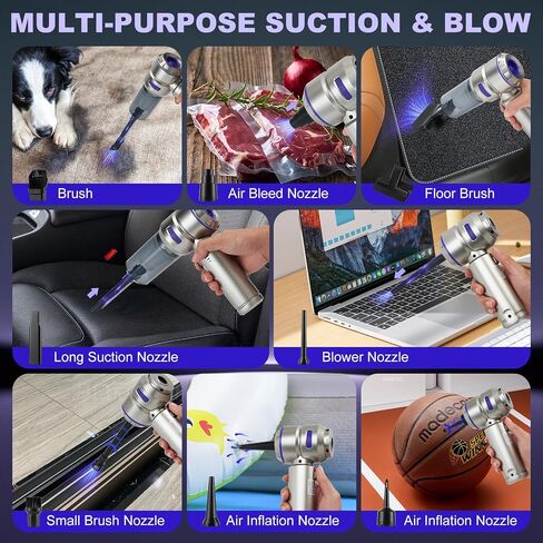 Handheld Car Vacuum Portable Cordless - 18000PA High Power with Brushless Motor, 4-in-1 Air Duster, Blower, Pump & Rechargeable Mini Vacuum for Car, Home, Office (Silver Grey+Blue) in Saudi Arabia