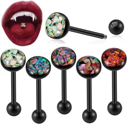 14G Opal Tongue Rings Stainless Steel Tongue Piercing Jewelry Internally Threaded Tongue Barbell Hypoallergenic Black Tongue Rings for Women Men in Saudi Arabia