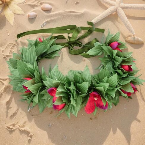 Merroyal Hawaiian Princess Costume Set, Floral Garland Headband with Hot Pink Flowers, Adjustable Necklace, Handmade in Kuwait