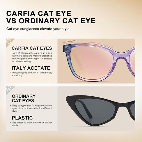 Carfia Designer Acetate Womens استقطاب النظارات الشمسية الصغيرة إلى المتوسطة الظلال العصرية للأشعة فوق البنفسجية الحماية المصنوعة يدويًا in Kuwait