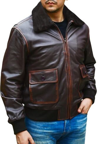 Jild Navy G-1 Real Leather Bomber Jacket Men with Removable Fur Collar - Vintage Flight Aviator Leather Jacket Men in Saudi Arabia