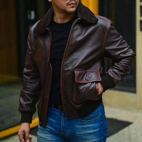 Jild Navy G-1 Real Leather Bomber Jacket Men with Removable Fur Collar - Vintage Flight Aviator Leather Jacket Men in Saudi Arabia