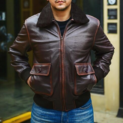 Jild Navy G-1 Real Leather Bomber Jacket Men with Removable Fur Collar - Vintage Flight Aviator Leather Jacket Men in Saudi Arabia