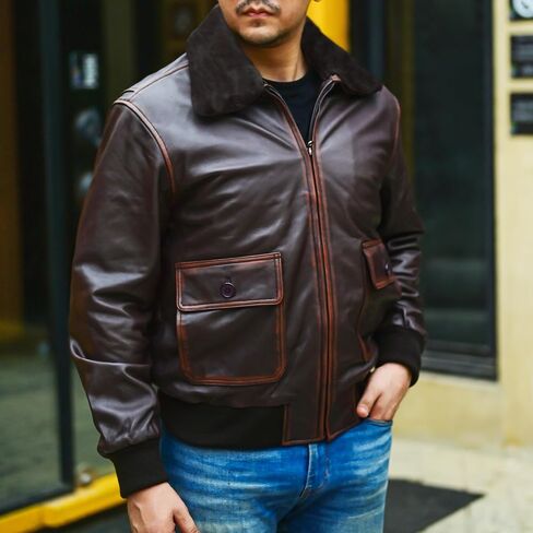 Jild Navy G-1 Real Leather Bomber Jacket Men with Removable Fur Collar - Vintage Flight Aviator Leather Jacket Men in Saudi Arabia