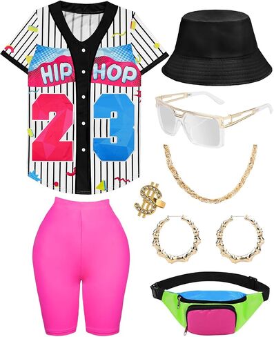 WILDPARTY 80s 90s Outfit for Women Baseball Jersey Shirt Shorts Fanny Pack Retro Party Costume Repper Accessories in Kuwait