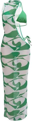 Uni Clau 3 Piece Swimsuits for Women Sexy Bikini Set Beach Cover Up Print Cut Out Halter Sheer Mesh Maxi Dress Bathing Suits in Kuwait