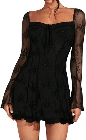 SOLY HUX Women's Lace Mesh Flare Long Sleeve Mini Dress Ruffle Flowy Party Cocktail Dresses in Kuwait