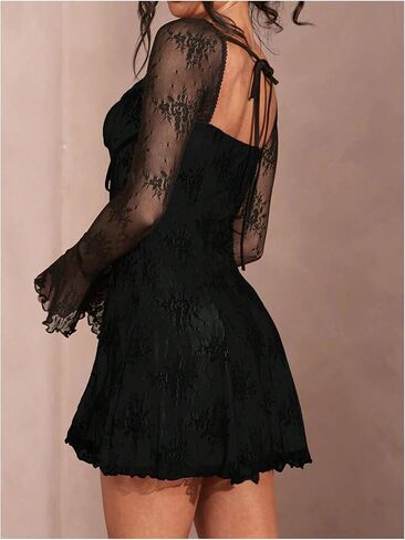SOLY HUX Women's Lace Mesh Flare Long Sleeve Mini Dress Ruffle Flowy Party Cocktail Dresses in Kuwait