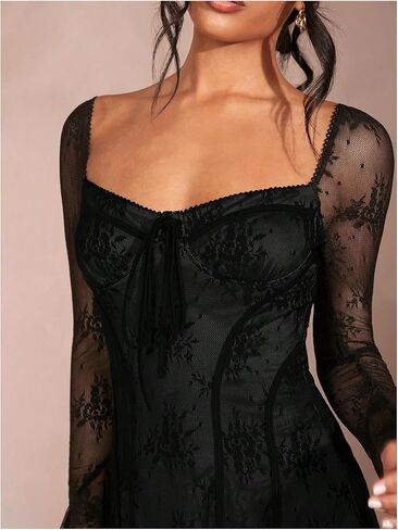 SOLY HUX Women's Lace Mesh Flare Long Sleeve Mini Dress Ruffle Flowy Party Cocktail Dresses in Kuwait