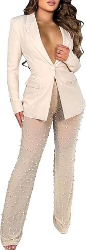 Tbahhir Sexy Blazers Suits for Women 2 Piece Outfits Long Sleeve Blazer and Mesh Sheer Pants Sets Clubwear Party in Saudi Arabia