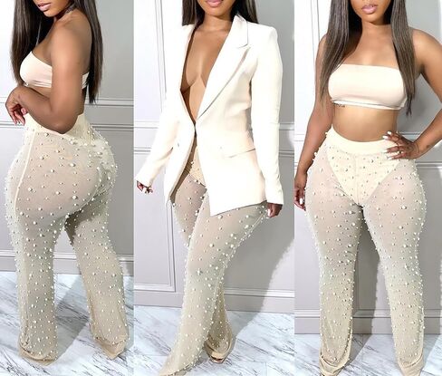 Tbahhir Sexy Blazers Suits for Women 2 Piece Outfits Long Sleeve Blazer and Mesh Sheer Pants Sets Clubwear Party in Saudi Arabia