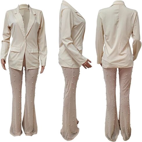 Tbahhir Sexy Blazers Suits for Women 2 Piece Outfits Long Sleeve Blazer and Mesh Sheer Pants Sets Clubwear Party in Saudi Arabia