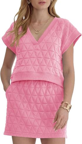 Fisoew Womens Argyle 2 Piece Outfits Skirt Sets Short Sleeve V Neck Tops and Casual Mini Skirts Lounge Sets in Saudi Arabia