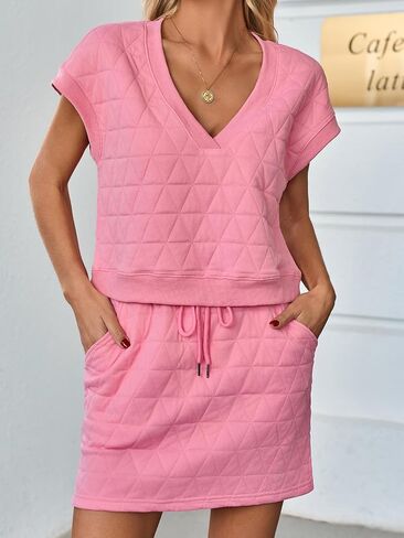 Fisoew Womens Argyle 2 Piece Outfits Skirt Sets Short Sleeve V Neck Tops and Casual Mini Skirts Lounge Sets in Saudi Arabia