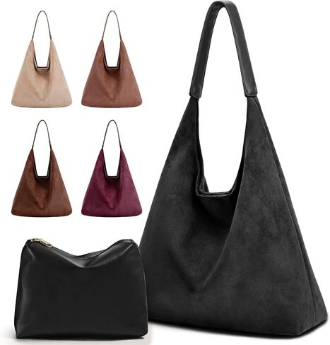 2PCS Suede Bag and Leather Purse Hobo Bags for Women Shoulder Bag Slouchy Bag Suede Tote Bag for Women Vegan in Saudi Arabia