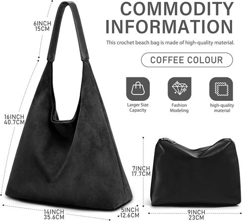 2PCS Suede Bag and Leather Purse Hobo Bags for Women Shoulder Bag Slouchy Bag Suede Tote Bag for Women Vegan in Saudi Arabia
