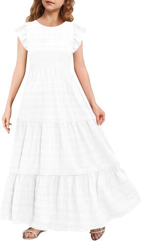 Mitilly Girls Summer Maxi Dress Cute Shuffle Short Sleve A Line line dish disual party dresses with mobicets 6-13 years in Kuwait