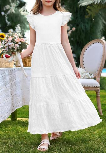 Mitilly Girls Summer Maxi Dress Cute Shuffle Short Sleve A Line line dish disual party dresses with mobicets 6-13 years in Kuwait
