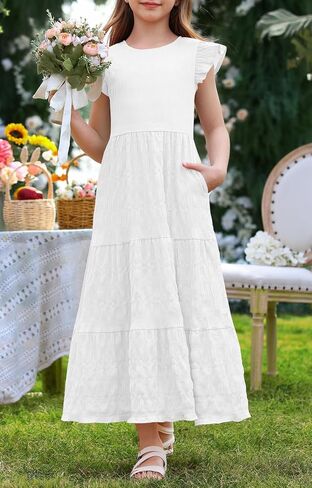 Mitilly Girls Summer Maxi Dress Cute Shuffle Short Sleve A Line line dish disual party dresses with mobicets 6-13 years in Kuwait