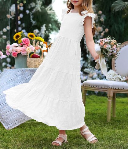 Mitilly Girls Summer Maxi Dress Cute Shuffle Short Sleve A Line line dish disual party dresses with mobicets 6-13 years in Kuwait
