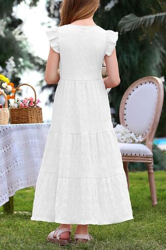 Mitilly Girls Summer Maxi Dress Cute Shuffle Short Sleve A Line line dish disual party dresses with mobicets 6-13 years in Kuwait