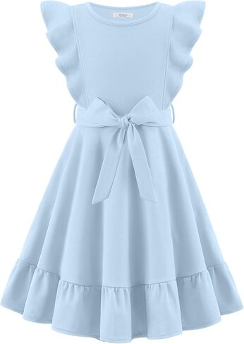 Arshiner Girls Spring Summer Dresses Flutter Sleeve A-line with Belted Pockets Casual Party Dress for Kids 6-16 Years in Kuwait