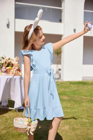 Arshiner Girls Spring Summer Dresses Flutter Sleeve A-line with Belted Pockets Casual Party Dress for Kids 6-16 Years in Kuwait