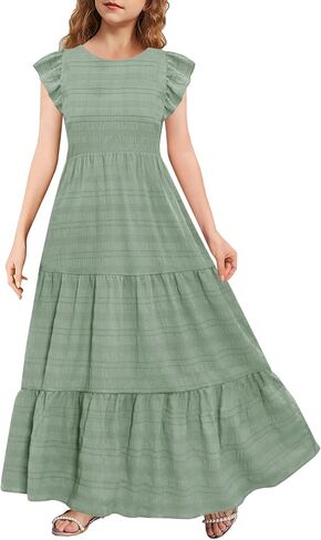 Mitilly Girls Summer Maxi Dress Cute Shuffle Short Sleve A Line line dish disual party dresses with mobicets 6-13 years in Kuwait