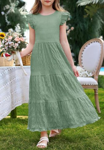 Mitilly Girls Summer Maxi Dress Cute Shuffle Short Sleve A Line line dish disual party dresses with mobicets 6-13 years in Kuwait