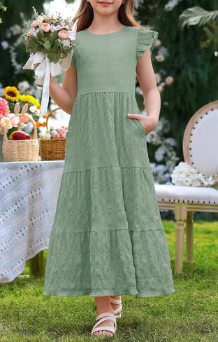 Mitilly Girls Summer Maxi Dress Cute Shuffle Short Sleve A Line line dish disual party dresses with mobicets 6-13 years in Kuwait