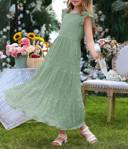 Mitilly Girls Summer Maxi Dress Cute Shuffle Short Sleve A Line line dish disual party dresses with mobicets 6-13 years in Kuwait