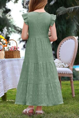 Mitilly Girls Summer Maxi Dress Cute Shuffle Short Sleve A Line line dish disual party dresses with mobicets 6-13 years in Kuwait