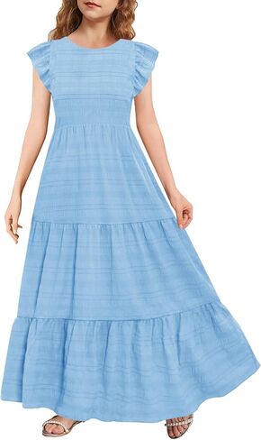 Mitilly Girls Summer Maxi Dress Cute Shuffle Short Sleve A Line line dish disual party dresses with mobicets 6-13 years in Kuwait