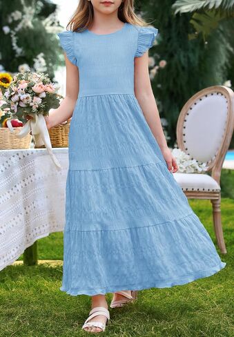 Mitilly Girls Summer Maxi Dress Cute Shuffle Short Sleve A Line line dish disual party dresses with mobicets 6-13 years in Kuwait