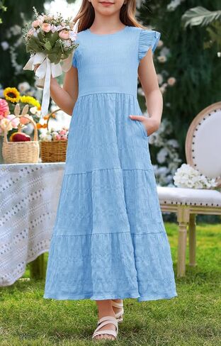Mitilly Girls Summer Maxi Dress Cute Shuffle Short Sleve A Line line dish disual party dresses with mobicets 6-13 years in Kuwait