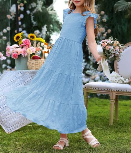 Mitilly Girls Summer Maxi Dress Cute Shuffle Short Sleve A Line line dish disual party dresses with mobicets 6-13 years in Kuwait