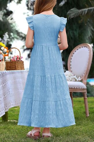 Mitilly Girls Summer Maxi Dress Cute Shuffle Short Sleve A Line line dish disual party dresses with mobicets 6-13 years in Kuwait